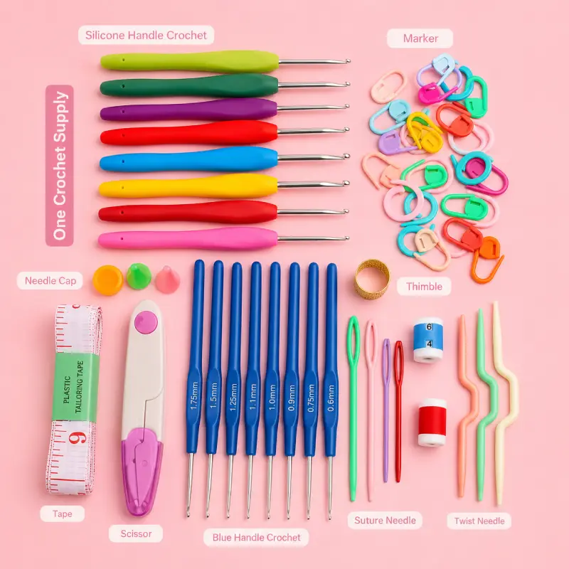 Complete Crochet Hook Kit with Accessories — 8 Silicone Handle Hooks, 8 Steel Hooks, Needles, Scissors, Stitch Markers & More (All-in-One Set)